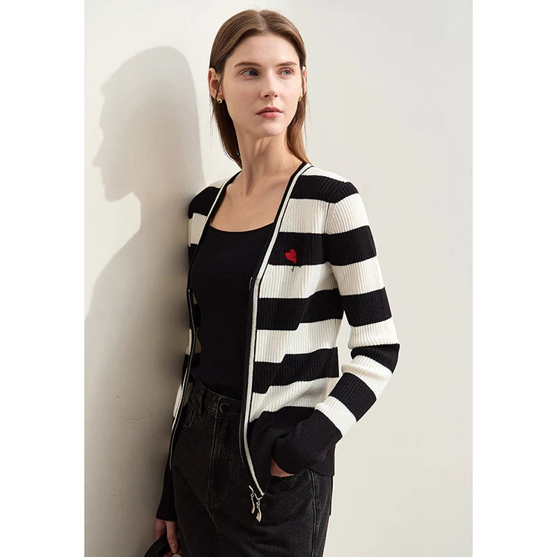 Damen-Strickjacke Kaschmir-Wolle Slim Streifen Reißverschluss Herbst