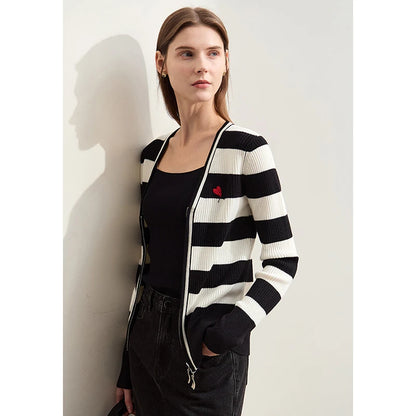 Damen-Strickjacke Kaschmir-Wolle Slim Streifen Reißverschluss Herbst