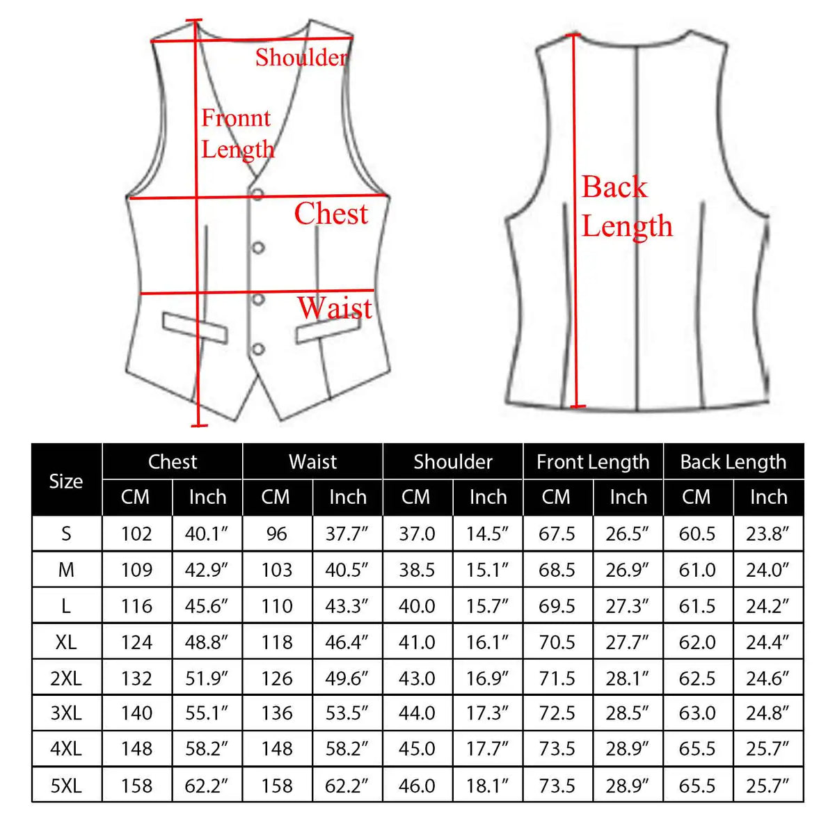 Größentabelle für Herrenweste mit Maßen zu Brust, Taille, Schulter und Vorder-/Rückenlänge