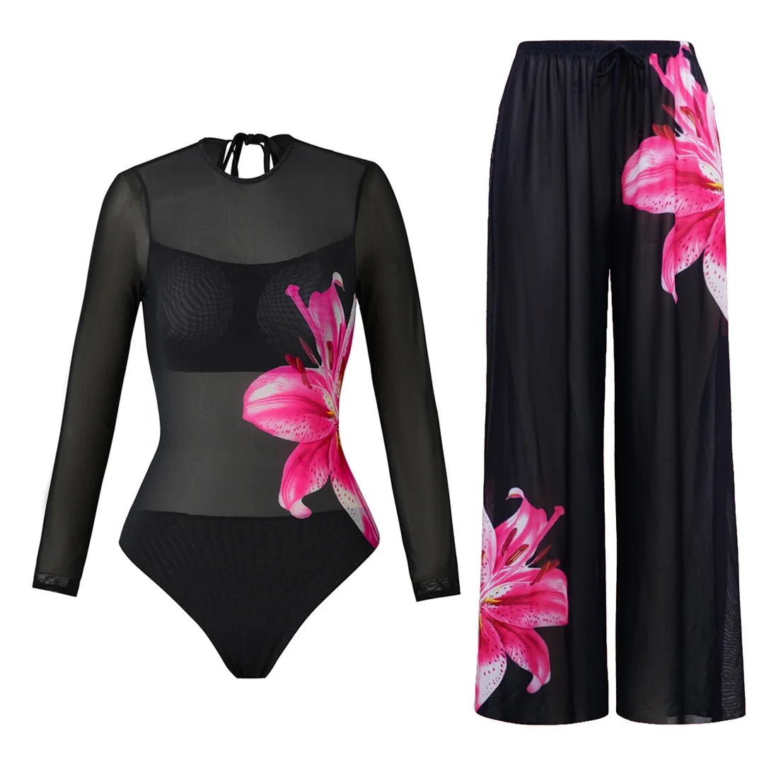Damen Badeanzug Blumen Print Langarm mit Hose Einteiler Schwimmanzug