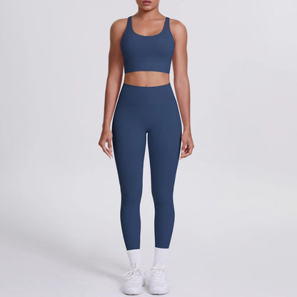 Fitness-Set Navy: Sport-BH, High-Waist-Leggings mit Kontrastband an der Taille