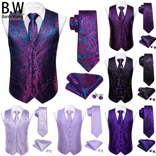 Herrenweste-Set lila-blaue Paisley-Optik mit Krawatte, Einstecktuch und Manschettenknöpfen