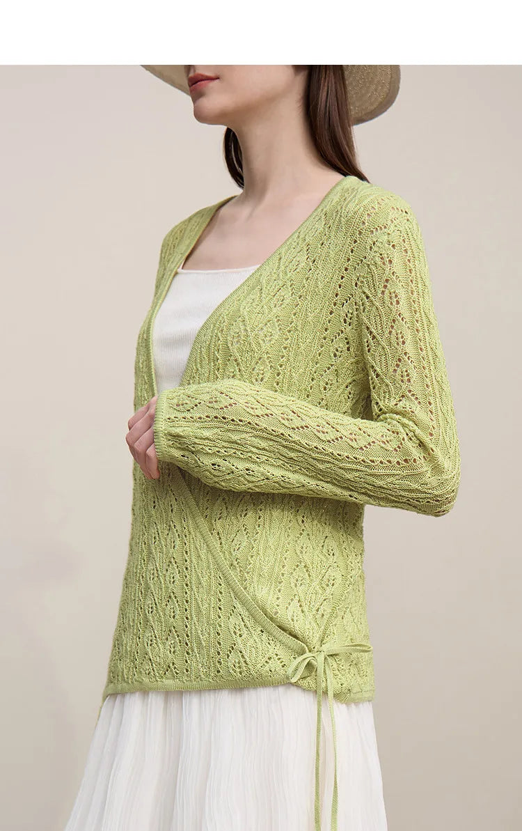 Damen-Strickjacke V-Ausschnitt Wolle Hohlstrick locker Langarm Frühling