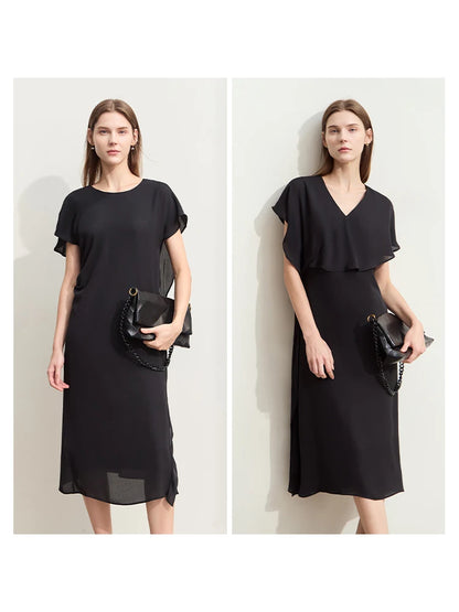 Stilvolles Chiffon Midi Kleid Damen V Ausschnitt Weicher Sommerstoff