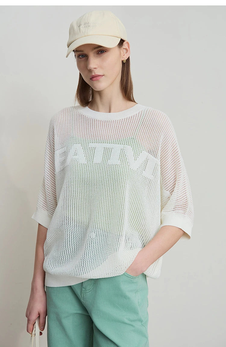 Damen-Strickpullover mit Rundhalsausschnitt, halben Ärmeln und Schriftzug, creme