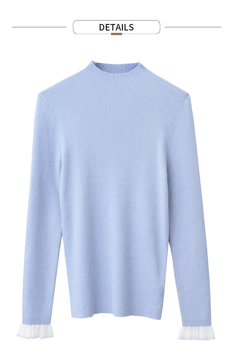 Damen-Rollkragen-Strickpullover, langarm, hellblau, gerippter Strick mit Rüschensaum an den Ärmeln