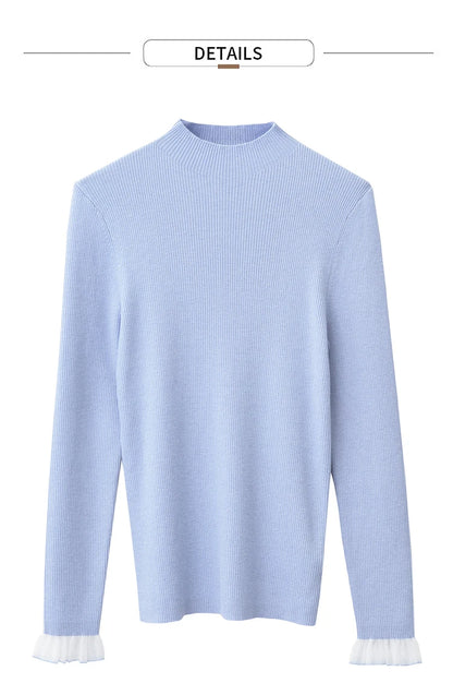 Damen-Rollkragen-Strickpullover, langarm, hellblau, gerippter Strick mit Rüschensaum an den Ärmeln