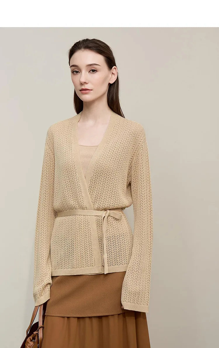 Damen-Strickjacke Lyocell V-Ausschnitt Glockenärmel Gürtel locker Frühling