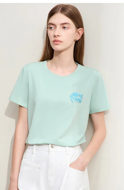 Damen T-Shirt im Minimalismus-Stil mit O-Ausschnitt und Stickerei