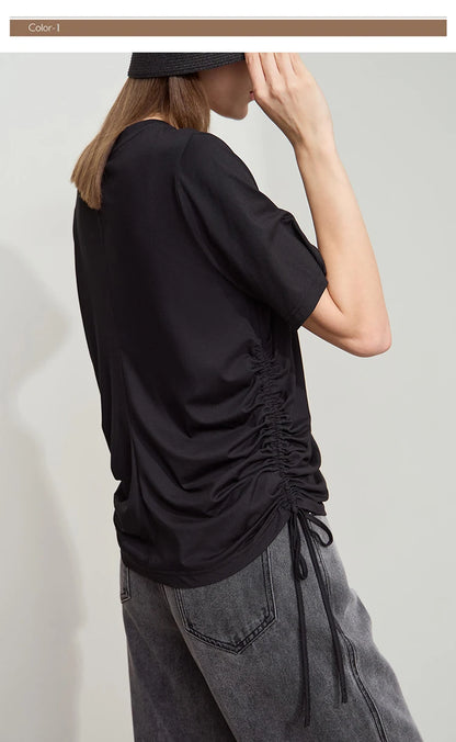 Damen T-Shirt mit solidem V-Ausschnitt und Kordelzug für den Sommer