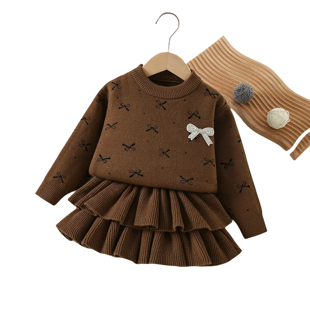 Mädchen Kleidungsset mit Bogen Druck Pullover und Faltenrock im 2-Teile Design