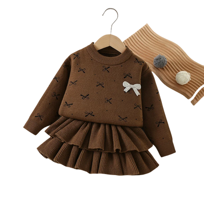 Mädchen Kleidungsset mit Bogen Druck Pullover und Faltenrock im 2-Teile Design