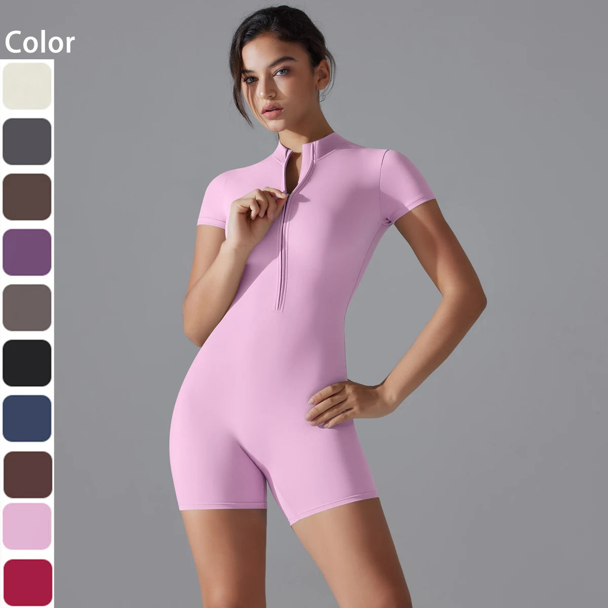 Damen Yoga-Bodysuit rosa: Kurzarm, halber Frontreißverschluss, figurbetont, kurz