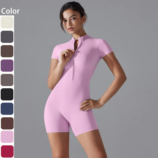 Damen Yoga-Bodysuit rosa: Kurzarm, halber Frontreißverschluss, figurbetont, kurz