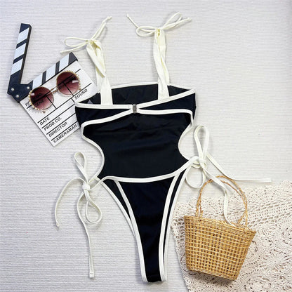 Damen-Badeanzug Micro-Tanga gerippt Riemchen High-Leg gepolstert