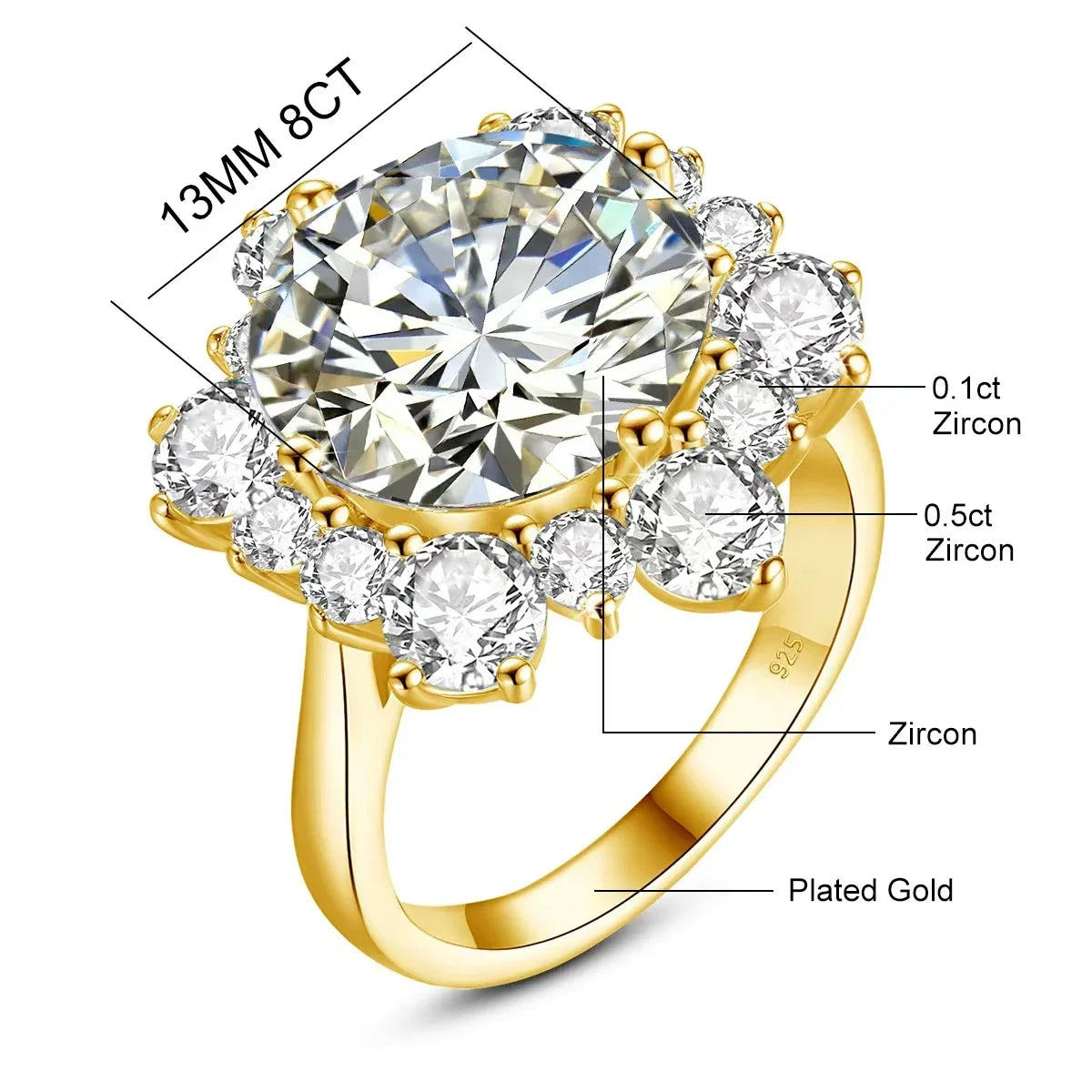 Damen-Ring Moissanit 8ct Rundschliff 13mm Zertifiziert für Verlobung oder Hochzeit
