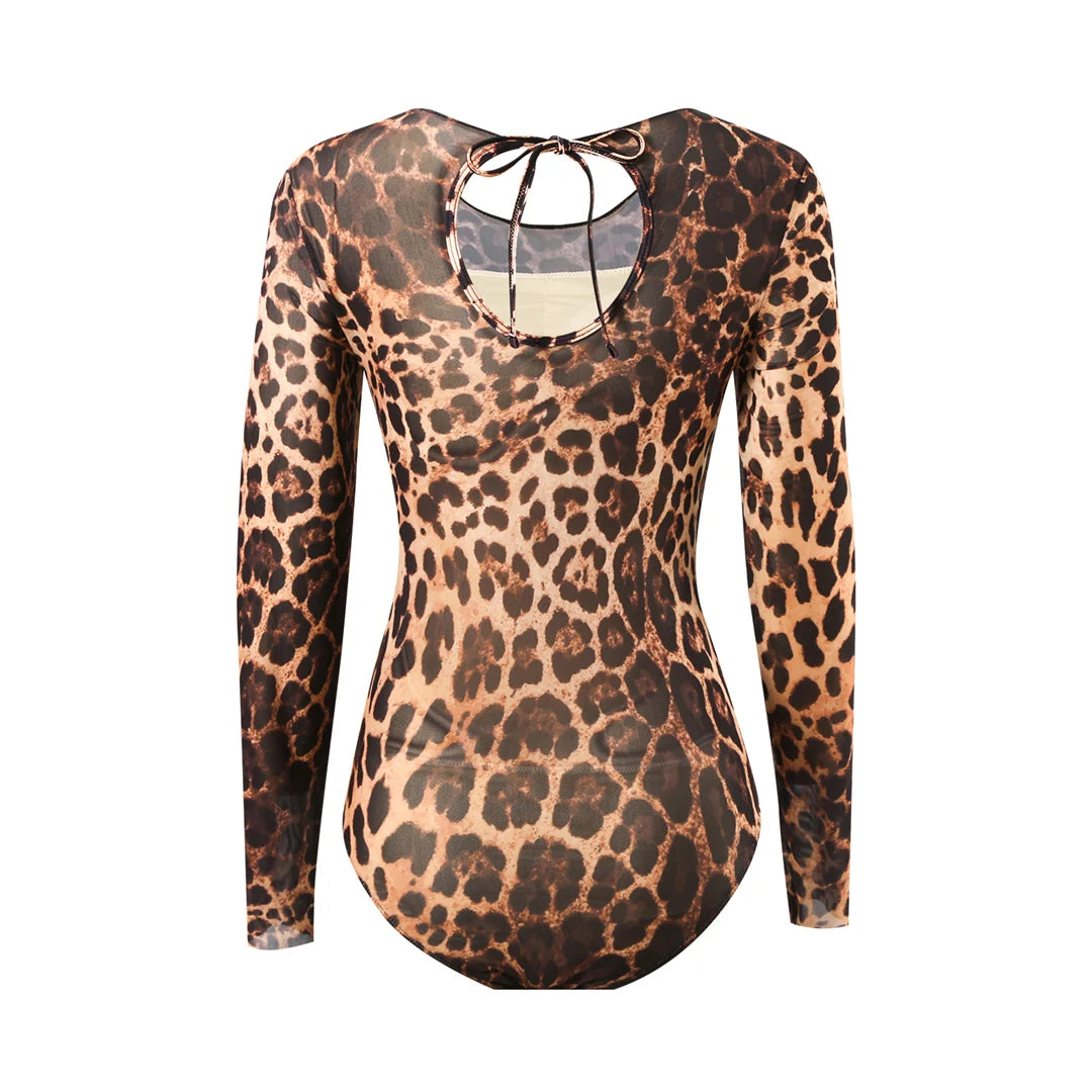 Damen-Badeanzug Leopard Langarm Shorts Set gepolstert einteilig