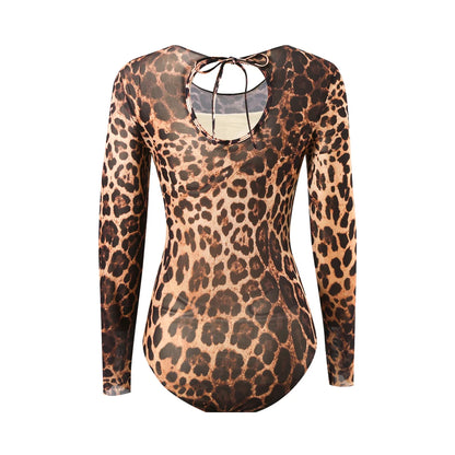 Damen-Badeanzug Leopard Langarm Shorts Set gepolstert einteilig