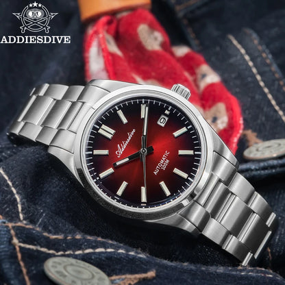Herren-Vintage-Automatikuhr mit Sunburst-Zifferblatt und gewoelbtem Saphirglas