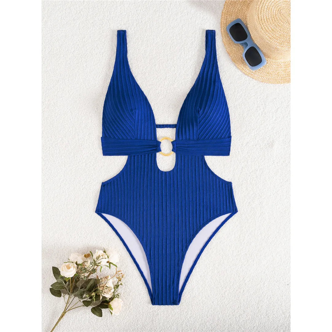 Damen Badeanzug tiefer V-Ausschnitt Cut-Out Monokini hoher Beinausschnitt 8 Farben