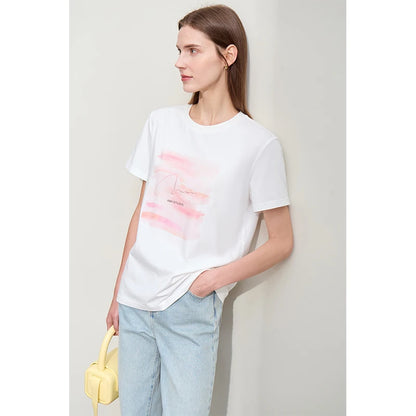 Damen T-Shirt im Minimalismus-Stil mit O-Ausschnitt und Stickerei