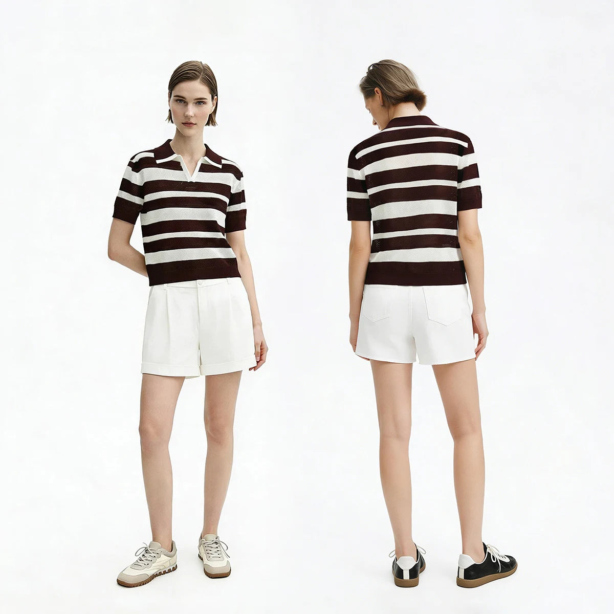Damen-Polopullover mit kurzen Ärmeln, braun-weiße Streifen, Rückansicht