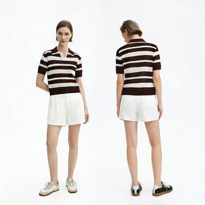 Damen-Polopullover mit kurzen Ärmeln, braun-weiße Streifen, Rückansicht