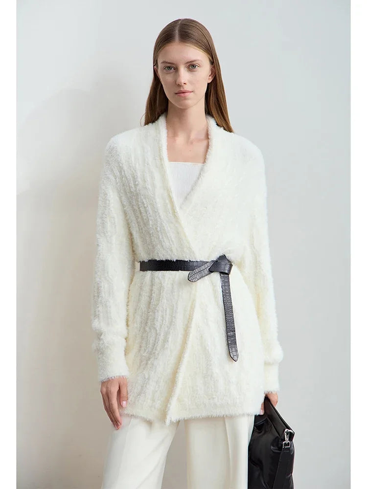 Damen-Strickjacke lang Nerz-Imitat Pile-Kragen locker warm Winter
