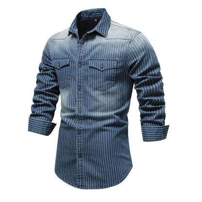 Herren Denim Shirts aus Baumwolle mit Streifen und langem Arm