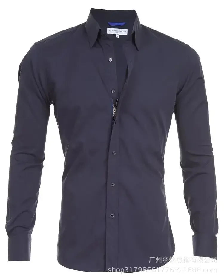 Herren Slim Fit Langarmshirt mit Vier-Wege-Stretch, bügelfrei und knitterarm in seidiger Optik – einfarbig.