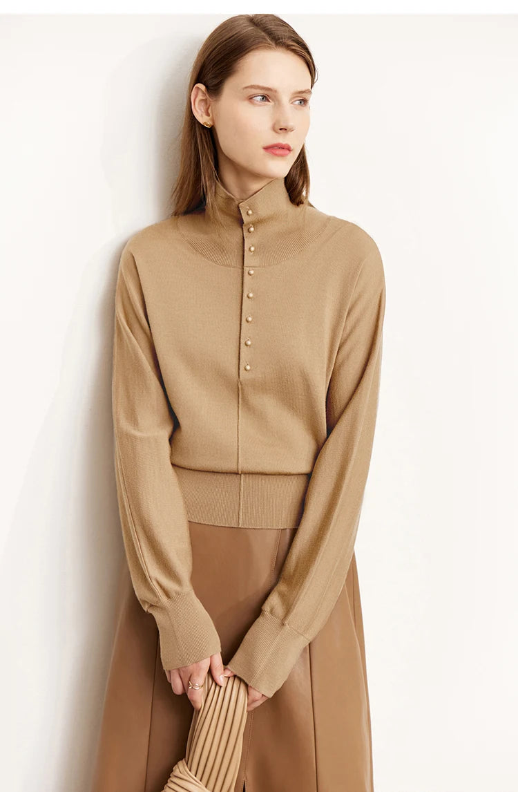 Damen-Rollkragenpullover 100 % Wolle locker Fledermausärmel Herbst