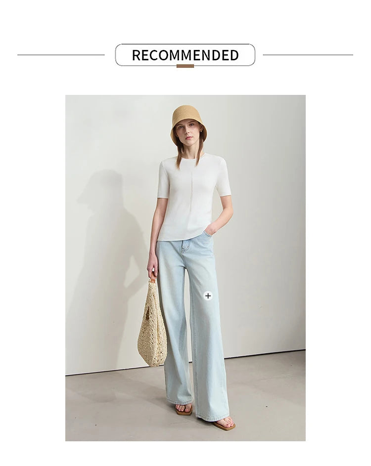 Damen-Rundhalspullover Lyocell Slim Kurzarm figurschmeichelnd Sommer