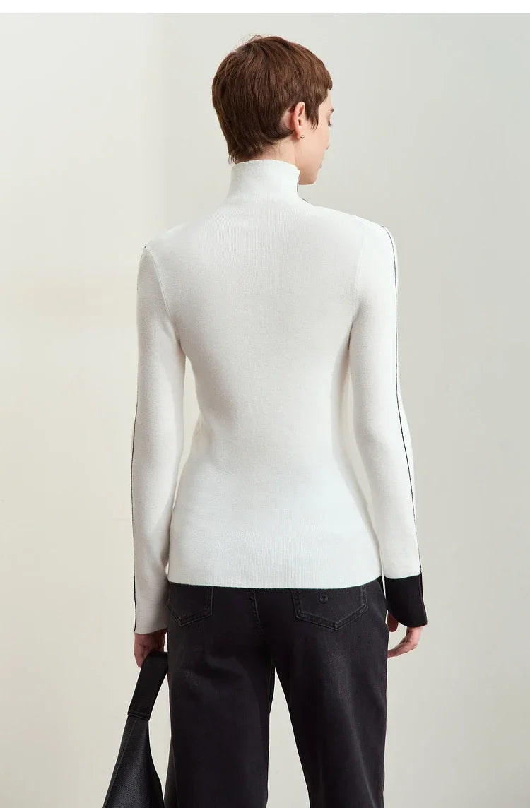 Damen-Rollkragenpullover Farbkontrast Slim Fit Langarm Frühling
