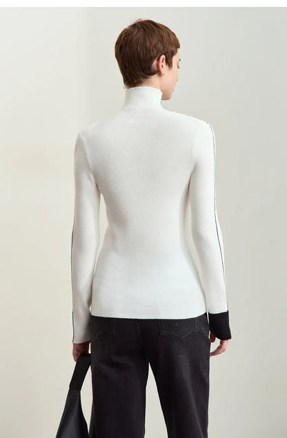 Damen-Rollkragenpullover Farbkontrast Slim Fit Langarm Frühling