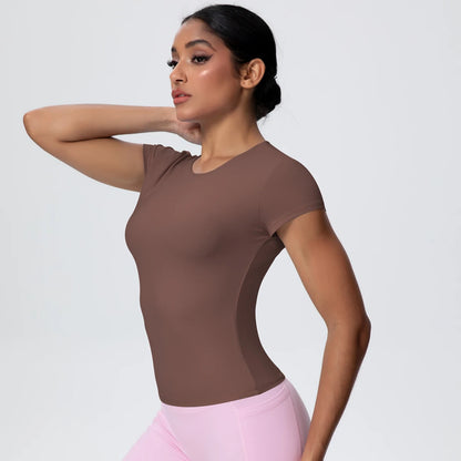 Damen-Yoga-Shirt, braun, kurzarm, hinten mit Rundhalsausschnitt
