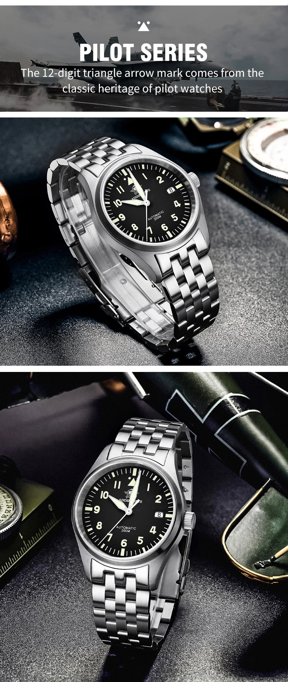 Herren Automatik-Taucheruhr 200m wasserdicht C3 Leuchtzeiger mechanisch