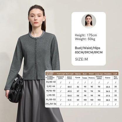 Damen-Strickjacke Rundhals einfarbig gerade Wolle Herbst-Winter