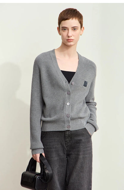 Damen-Strickjacke Wolle V-Ausschnitt Patchwork Stickerei kurz Französisch Herbst