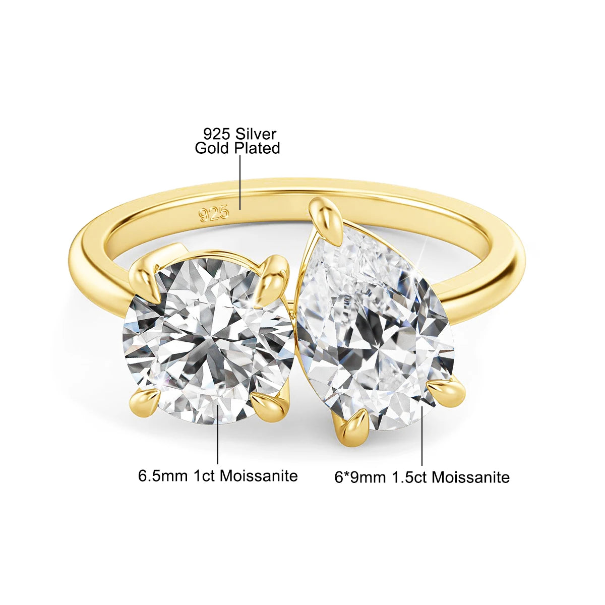 Damen-Verlobungsring mit zwei Moissanit-Steinen aus Silber 925 und 18K-Goldplattierung