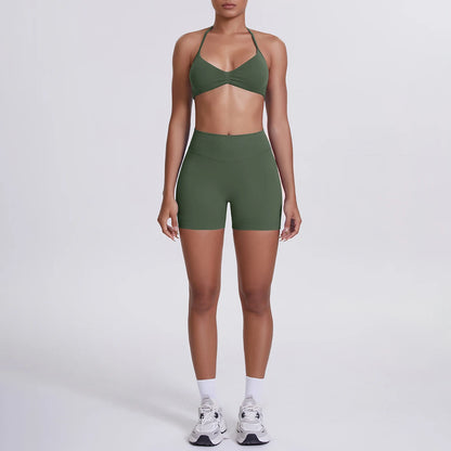 Nahtloses Yogaset für Frauen in olivgrün: High-Waist Shorts & Sport-BH