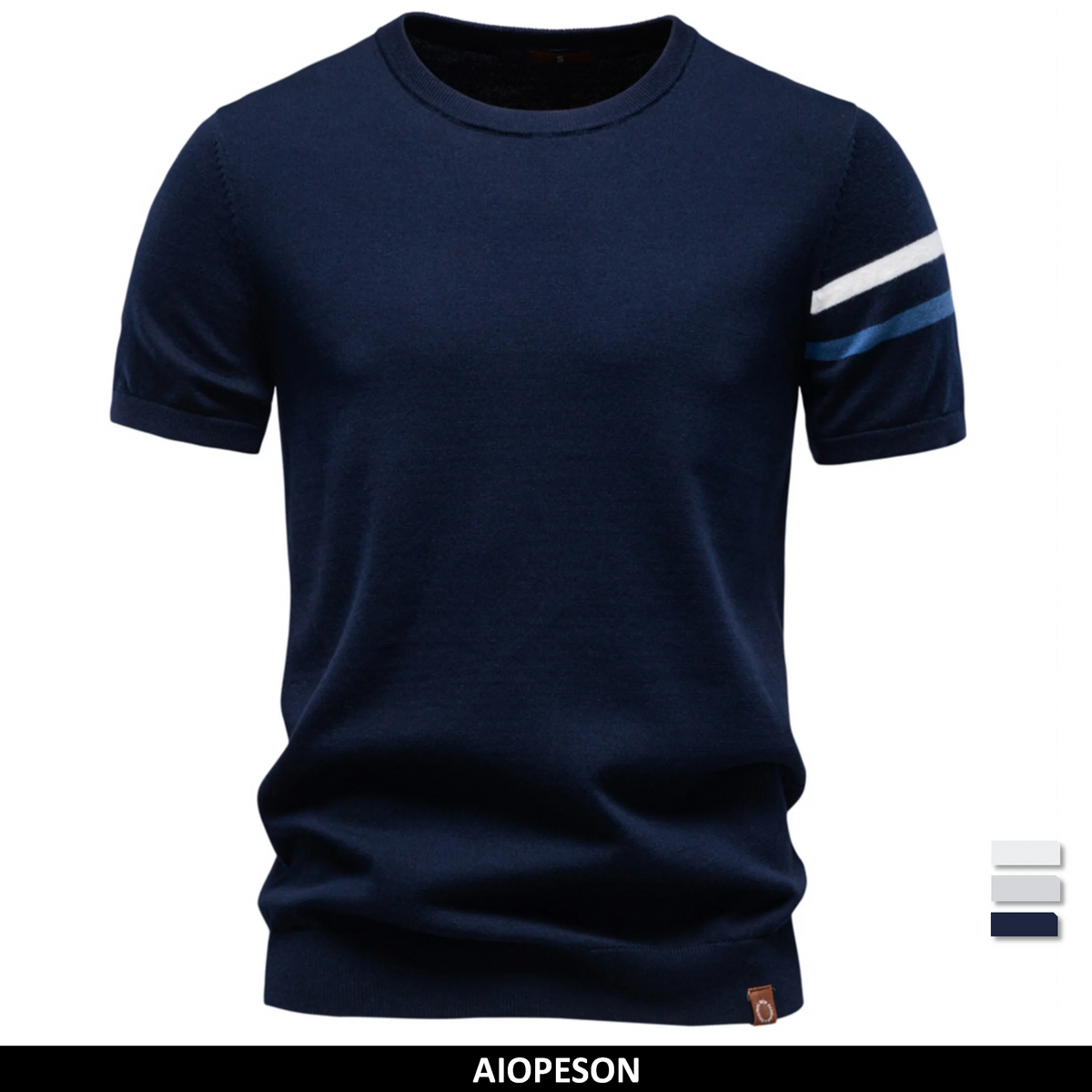 Herren T-Shirt dunkelblau mit rundem Halsausschnitt und weiß-blauen Streifen am Ärmel