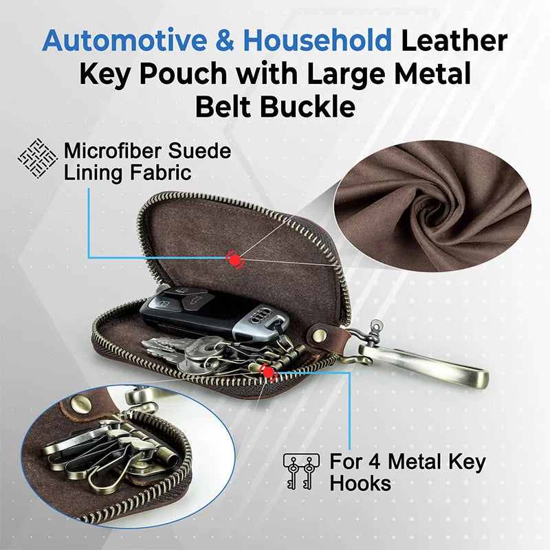 Leder-Schlüsseltasche mit Reißverschluss, Metallhaken und Platz für Autoschlüssel