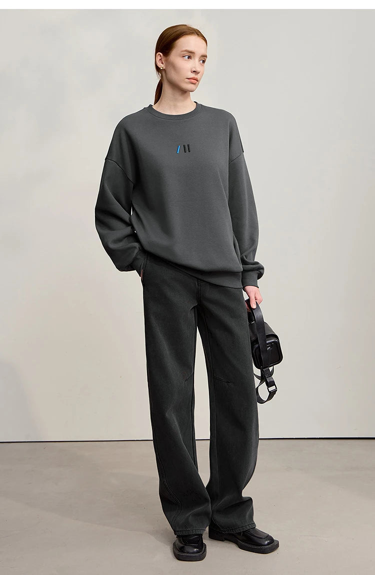 Damen-Rundhals-Sweatshirt Stickerei Kunstfell warm locker Winter