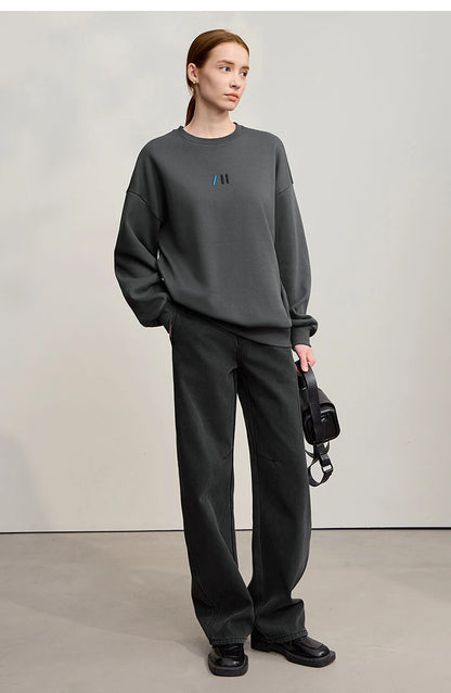 Damen-Rundhals-Sweatshirt Stickerei Kunstfell warm locker Winter
