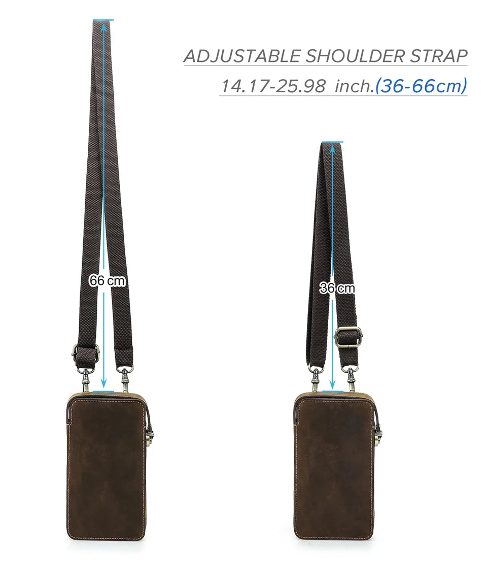 Braune Ledertasche mit verstellbarem Schulterriemen, Riemenlänge 36–66 cm
