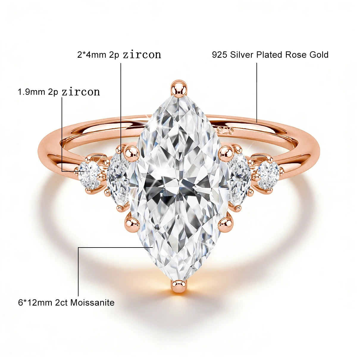 Damen-Verlobungsring aus Silber 925 mit fünf Moissanite im Marquise-Schliff, 18k Goldplattiert