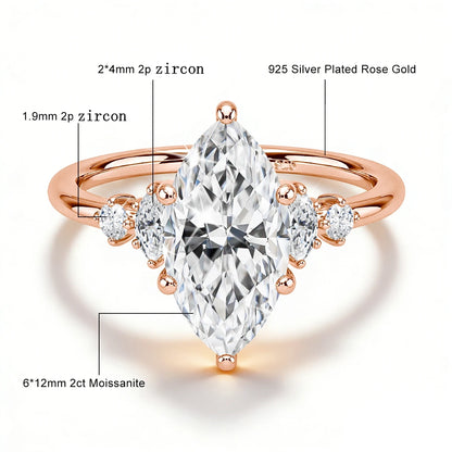 Damen-Verlobungsring aus Silber 925 mit fünf Moissanite im Marquise-Schliff, 18k Goldplattiert