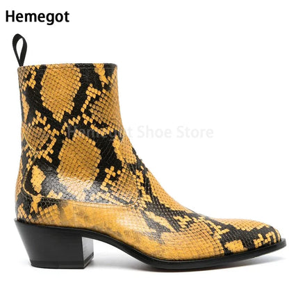 Herren-Chelsea-Boots mit Schlangenmuster, spitzer Zehe und Absatz, gelb/schwarz