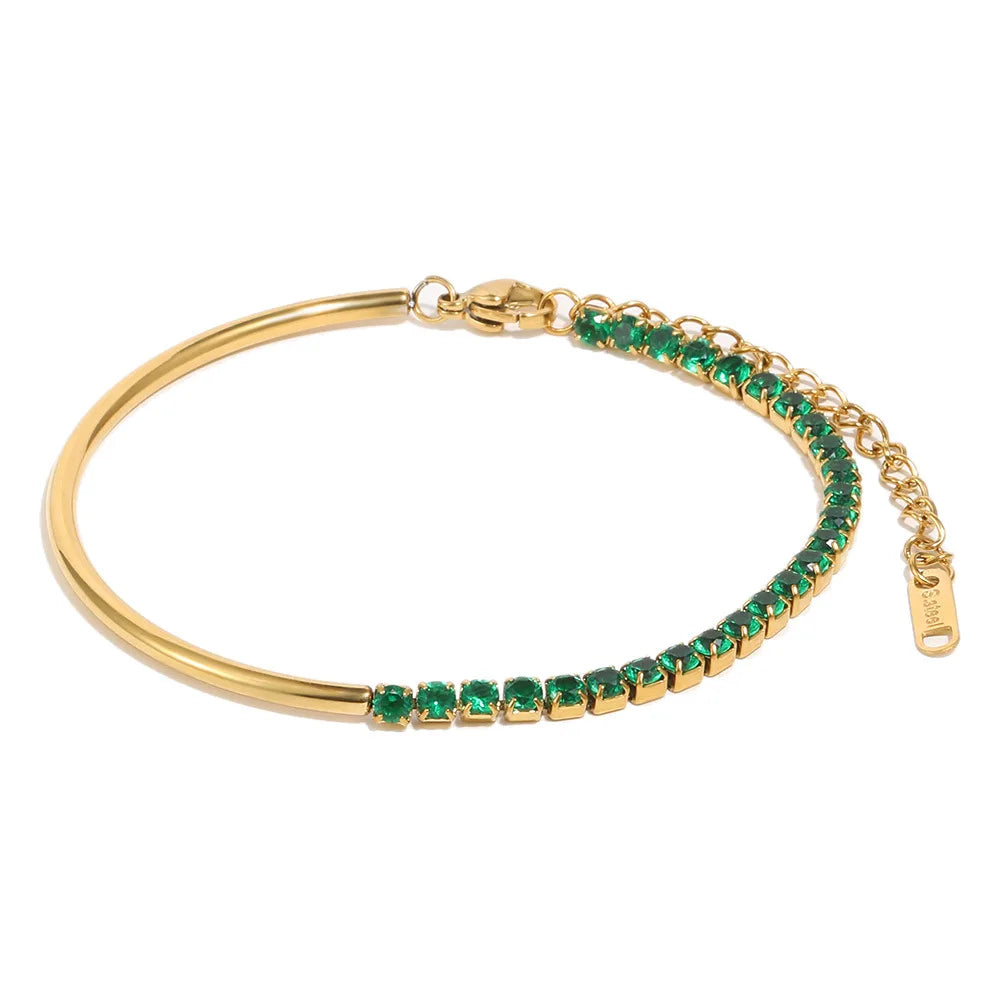 Damen-Tennisarmband aus Edelstahl mit grünen CZ-Steinen und Schieber