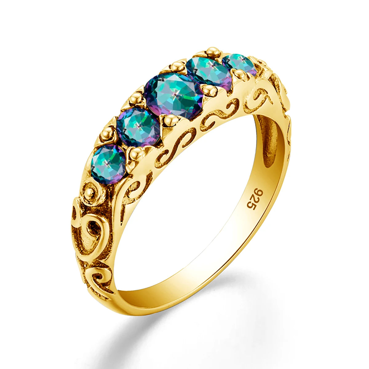 Damen-Ring aus Silber 925 mit Regenbogen-Topas Fünfstein-Design Gewölbter Bund Hochwertiges Geschenk